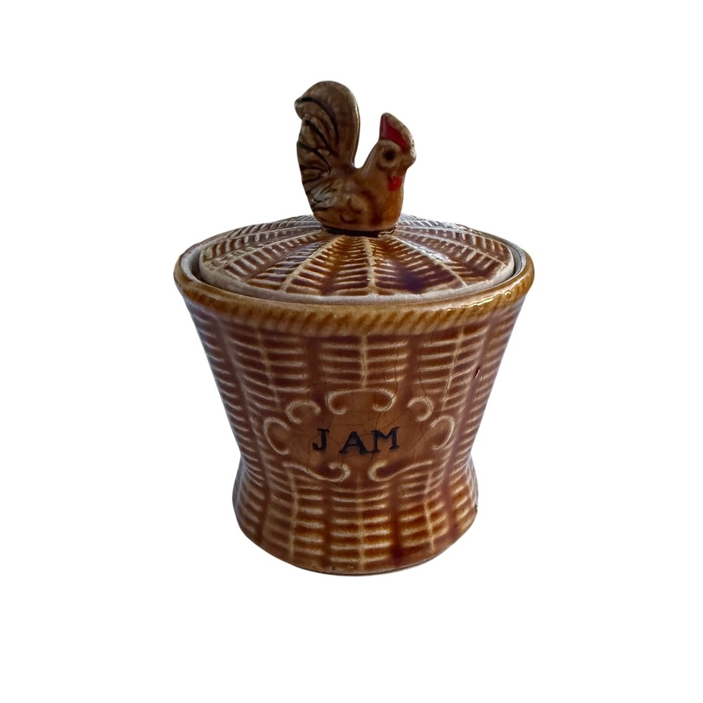 Vintage Rooster Basketweave Ceramic Coffee Pot Sugar Bowl & Jam Jar Set Brown - Picture 6 of 14